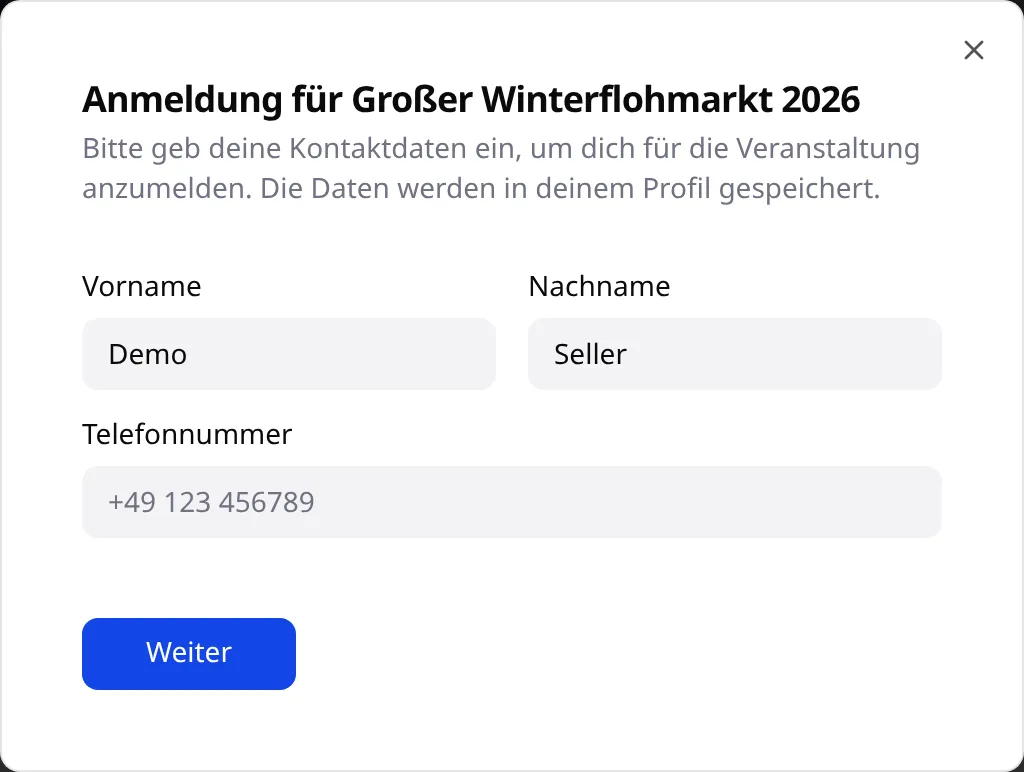 Dialog „Anmeldung für …“ mit Feldern für Vorname, Nachname und Telefonnummer