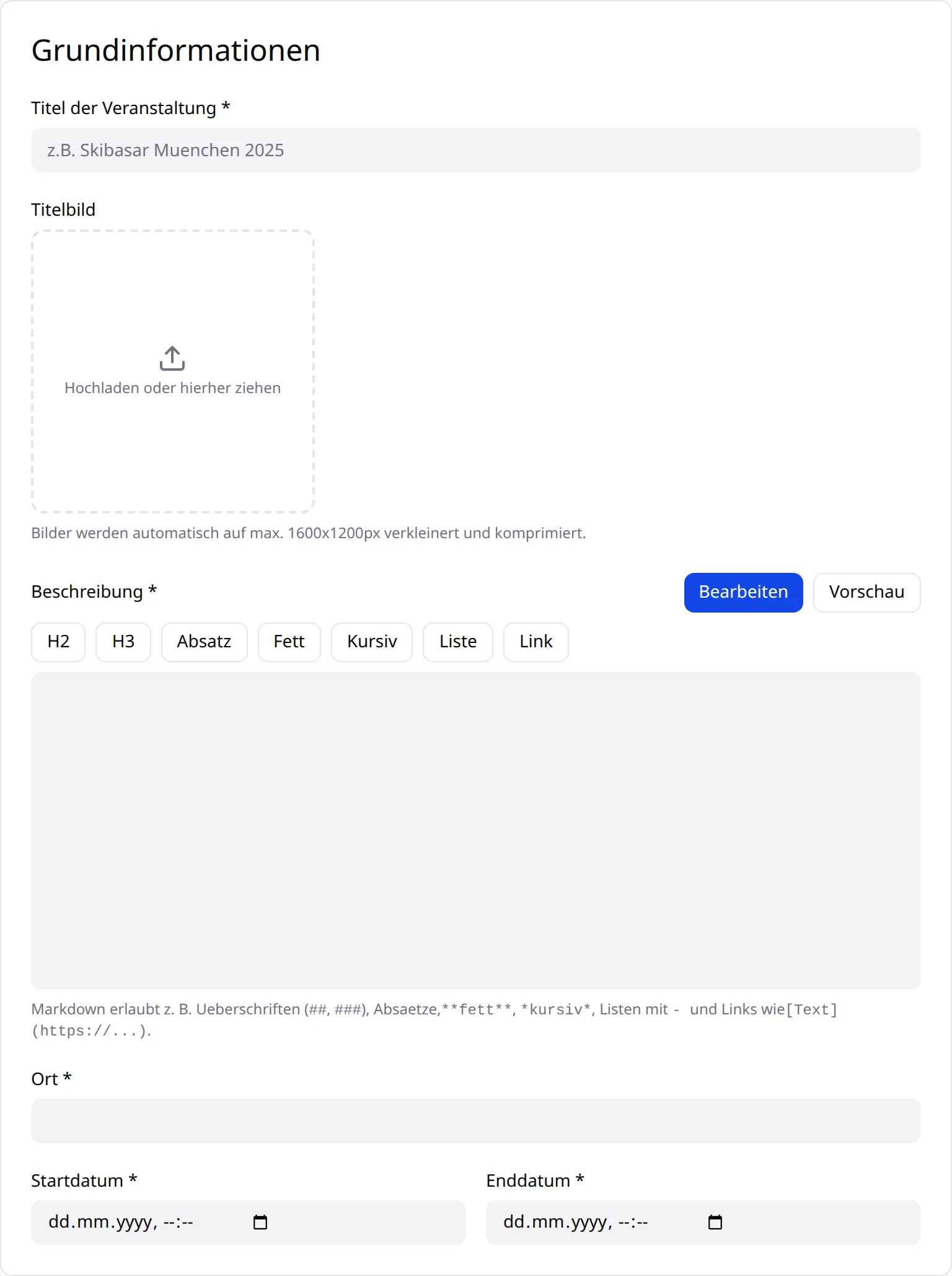 Formularabschnitt „Grundinformationen“ mit Titel, Titelbild, Beschreibung, Ort sowie Start- und Enddatum