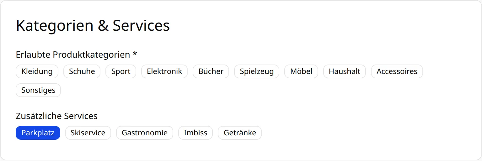 Formularabschnitt „Kategorien & Services“