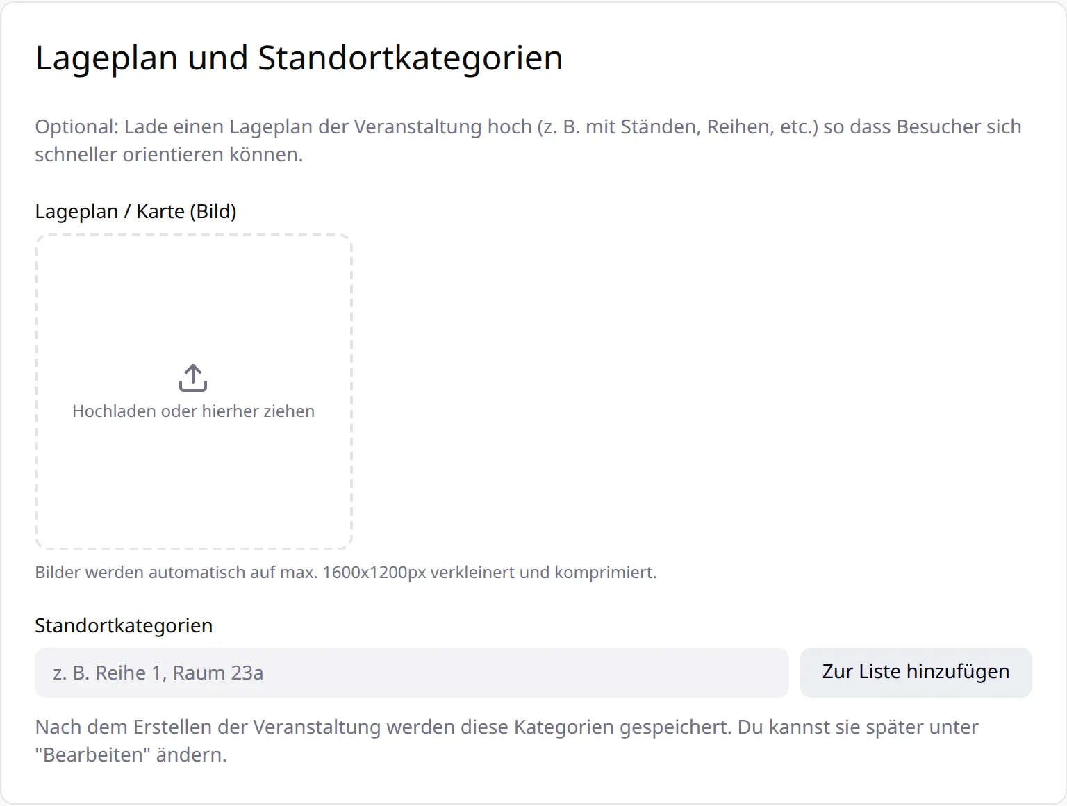 Formularabschnitt „Lageplan und Standortkategorien“