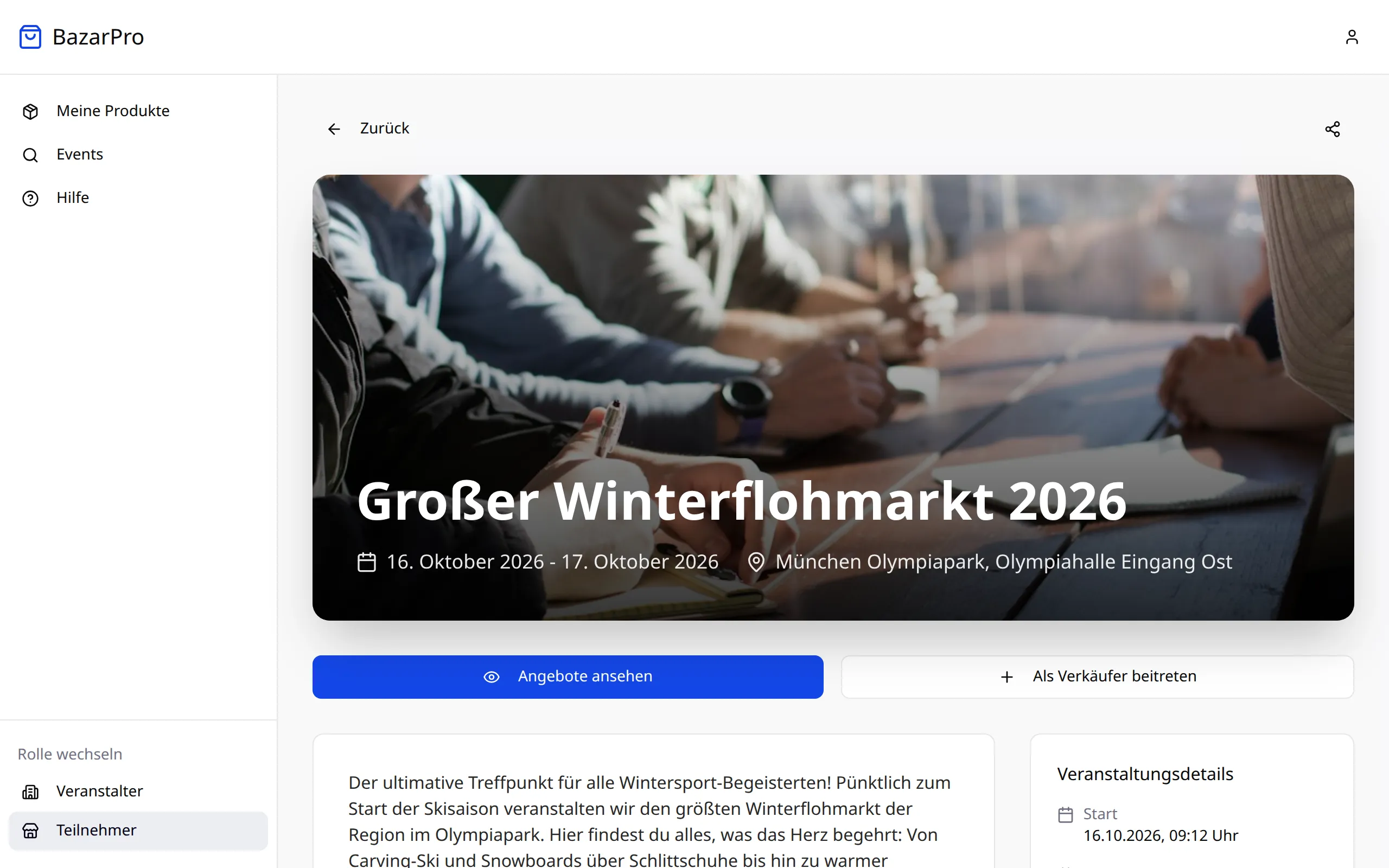 Seite eines Basars mit den Buttons „Angebote ansehen“ und „Als Verkäufer beitreten“