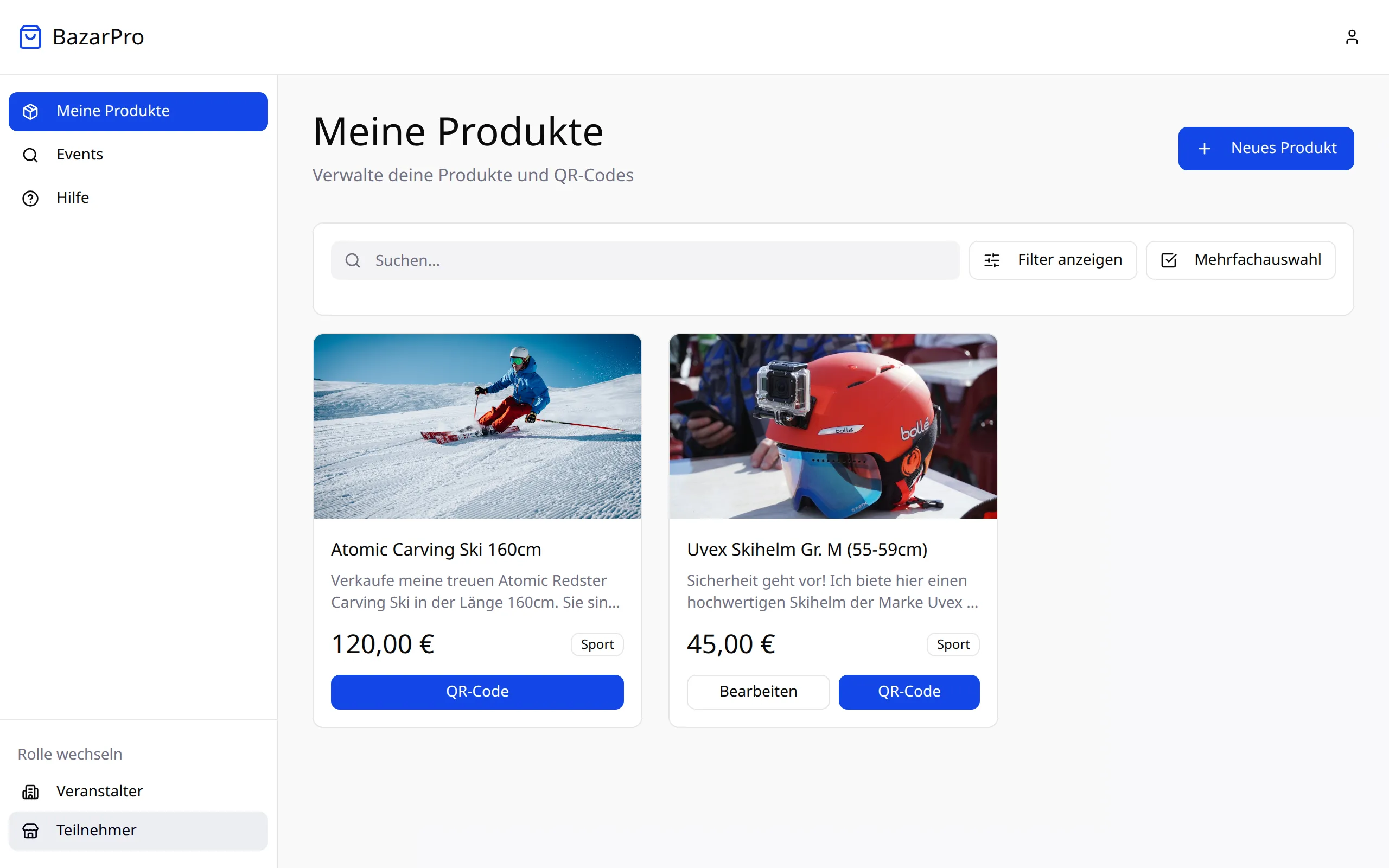 Seite „Meine Produkte“ mit Artikelkarten und den Buttons „QR-Code“