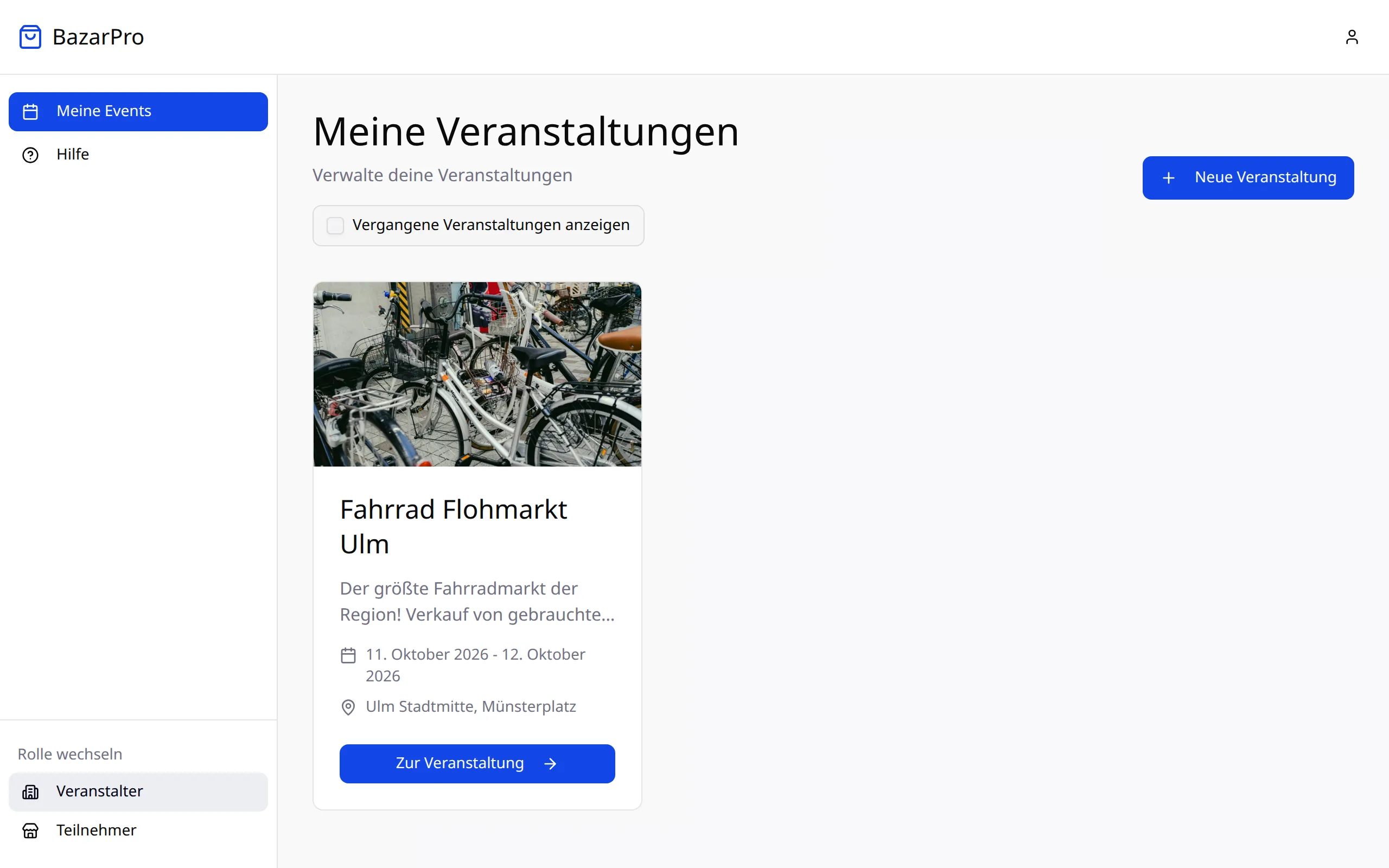 Seite „Meine Veranstaltungen“ mit dem Button „Neue Veranstaltung“ oben rechts