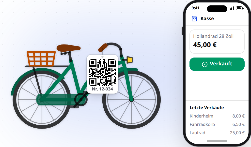 Ein altes Fahrrad mit BazarPro-QR-Etikett wird an der Kasse mit dem Smartphone gescannt